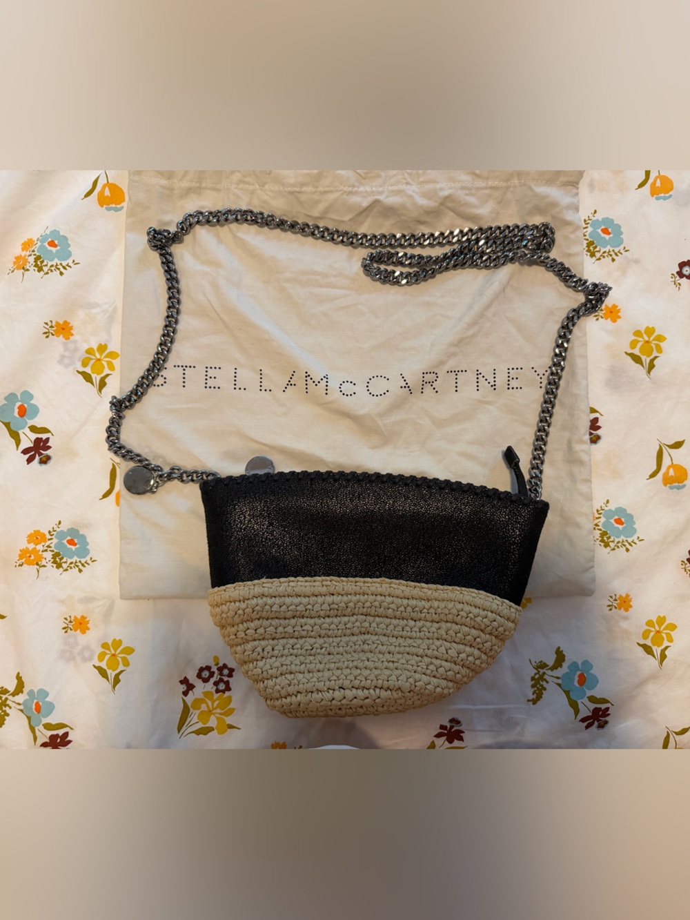 Stella McCartney Black & Natural Raffia Mini Falabella Crossbody Bag